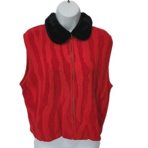 VTG Rebecca Thomas Red Black Faux Fur Collar Zip Front Zebra Print Rib Knit Vest - Picture 8 of 11